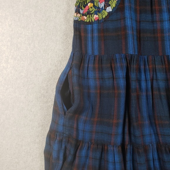 Sister Mary Karmen Embroidered Plaid Midi Dress Blue Boho  Craft L Viscose Midi - Picture 10 of 12